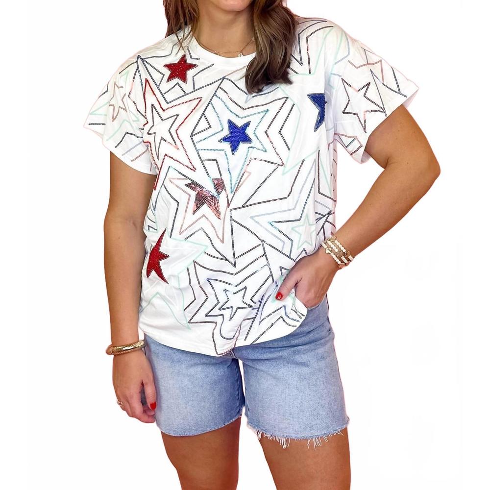 QUEEN OF SPARKLES White Short Sleeve Star Tee with Red & Blue Accents